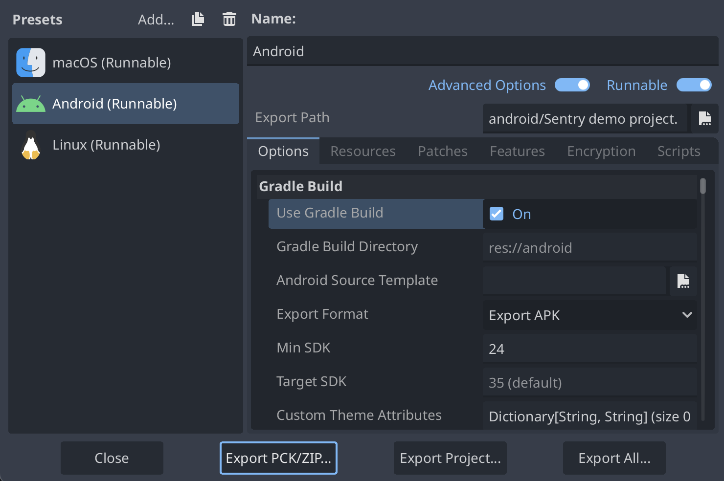 Android Export Settings
