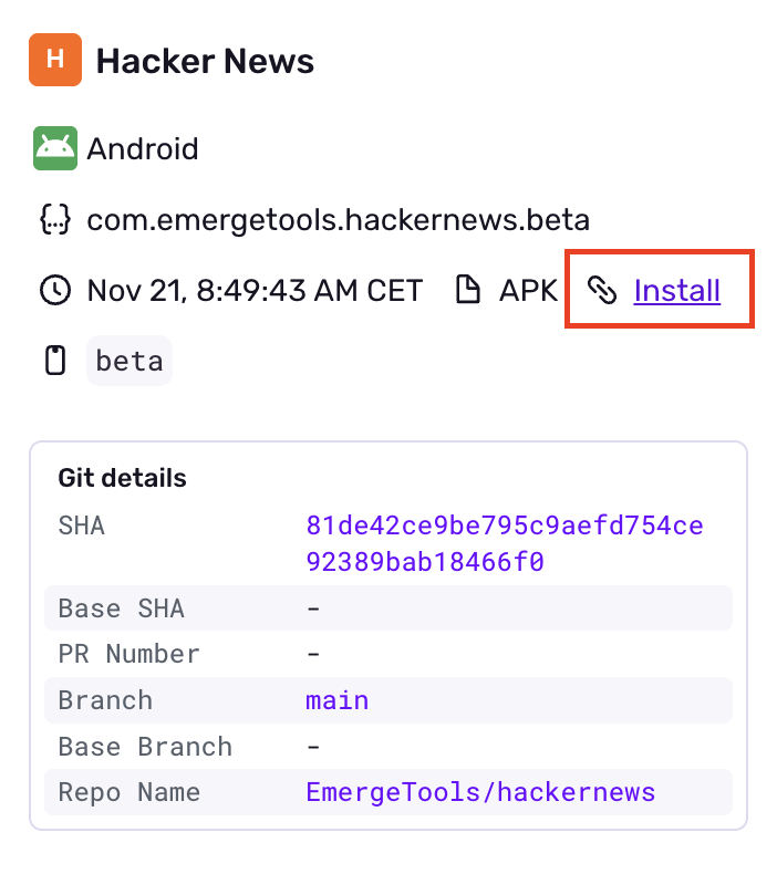 Install link highlighted